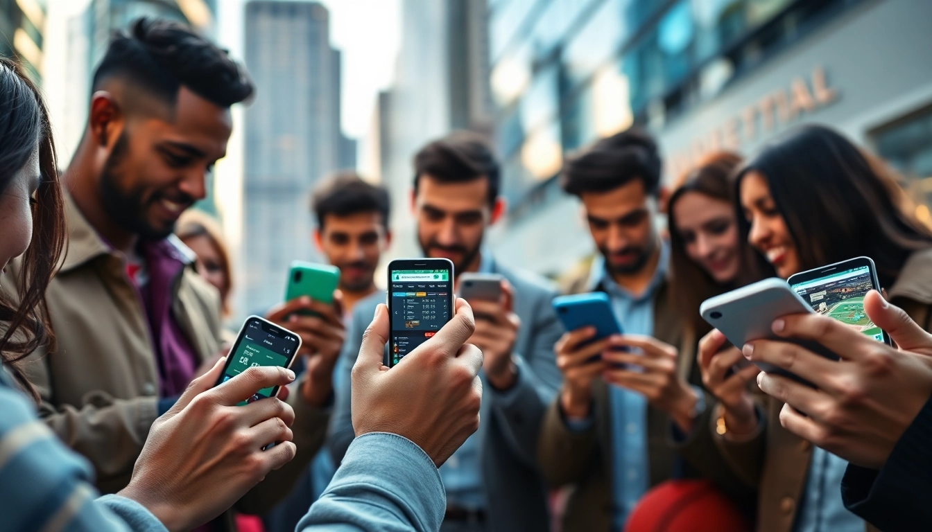 Engaged users accessing best sports betting apps in India on mobile devices in a lively urban environment.