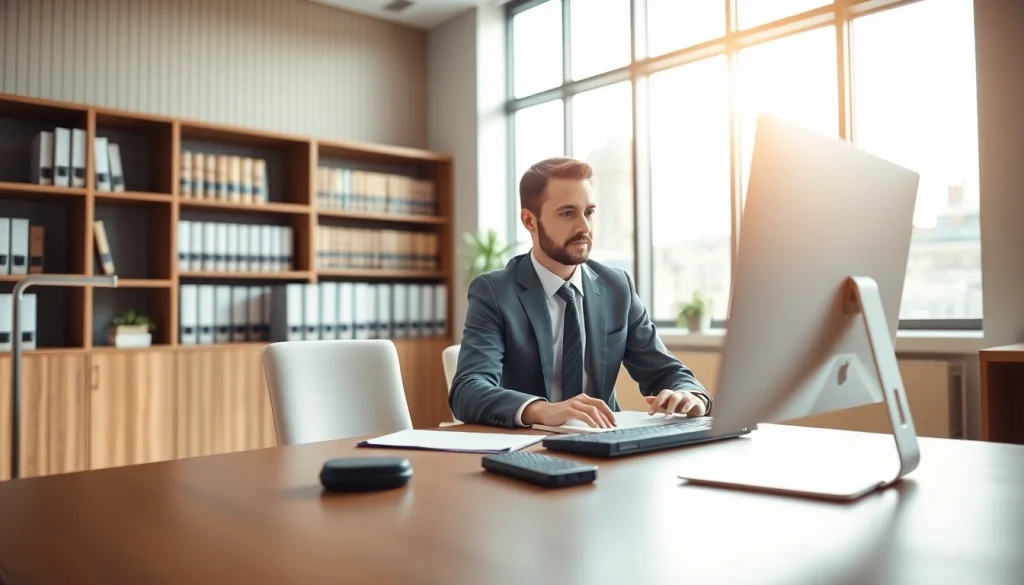 Professional lawyer utilizing https://www.websites.law in a modern office for legal consultation.