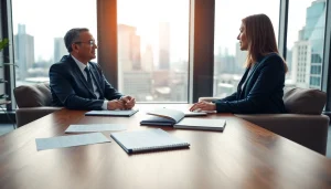 Consultation at https://www.inmotionlaw.com showcases an attorney assisting a client in a warm office.