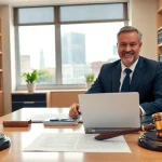 Personal injury attorney working at https://www.cohanlegal.com in a modern, professional law office.