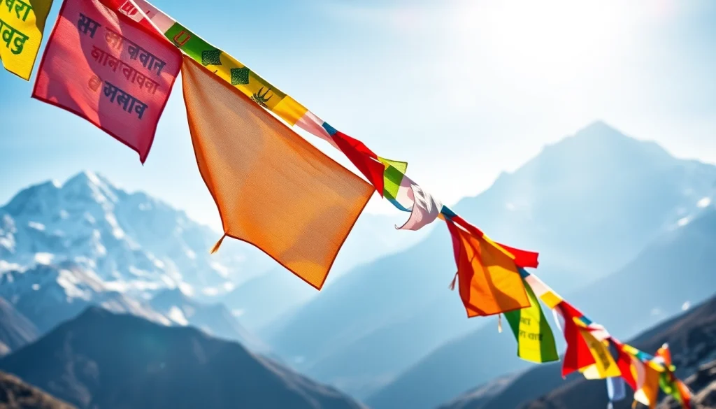 Bright nepal prayer flags swaying in the wind, surrounded by Himalayan mountains.