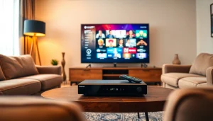 Comprar iptv en un moderno salón con una televisión de pantalla plana mostrando gráficos vibrantes.