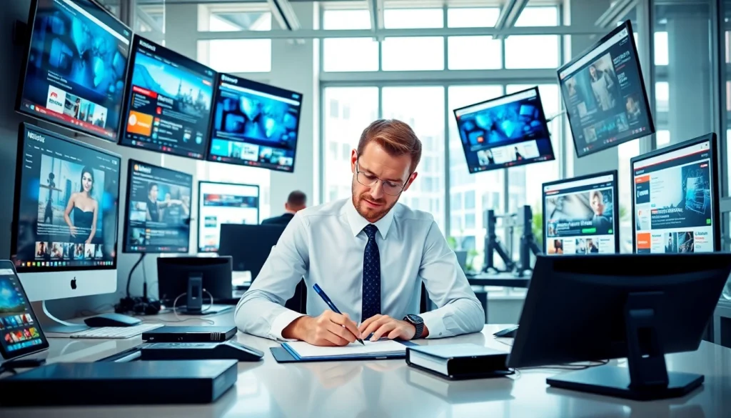 Cover engaging news updates from https://www.techgaged.com with a tech journalist in a modern office.