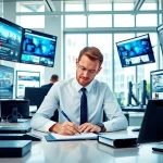 Cover engaging news updates from https://www.techgaged.com with a tech journalist in a modern office.