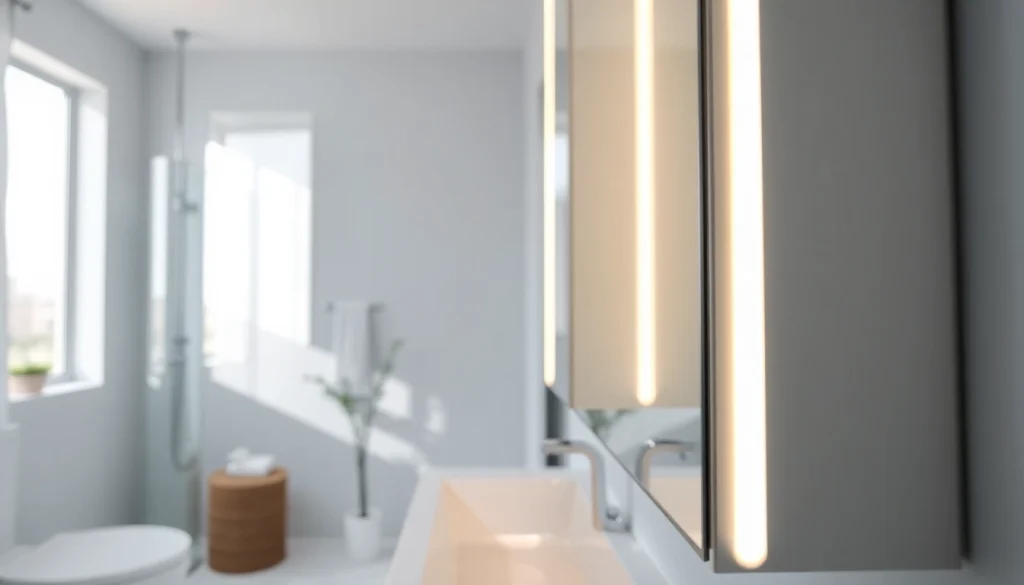 Spiegelschrank mit led Beleuchtung in einem modernen Badezimmer, das stilvolles Design hervorhebt.