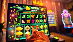 Bermain slot gacor dengan tangan pemain yang mencapai tombol putar di latar belakang slot berwarna-warni.