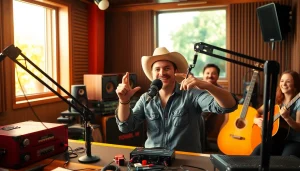 Experience the vibrant atmosphere of https://mycountry955.com with a lively country music DJ in a cozy radio studio.
