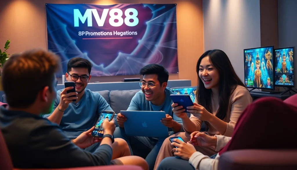 Vibrant gaming scene with players enjoying MV88 game on devices, showcasing excitement and trust.