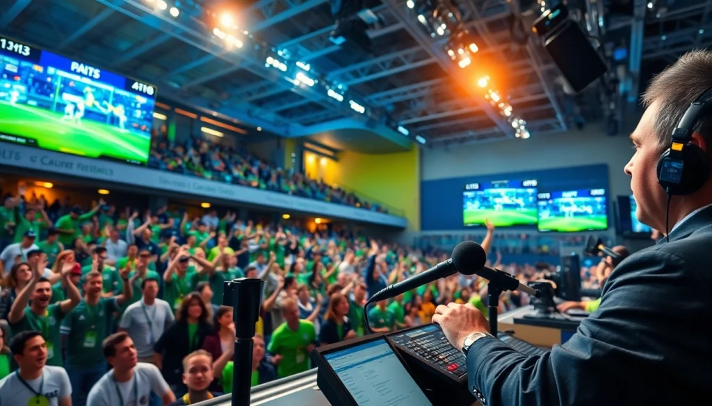 스포츠중계 현장에서 생생한 해설을 하는 모습과 열정 넘치는 관중들