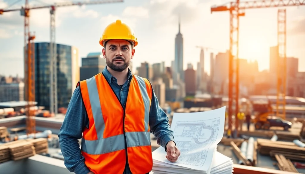 Engaged New York City Construction Manager reviewing plans at a busy construction site.