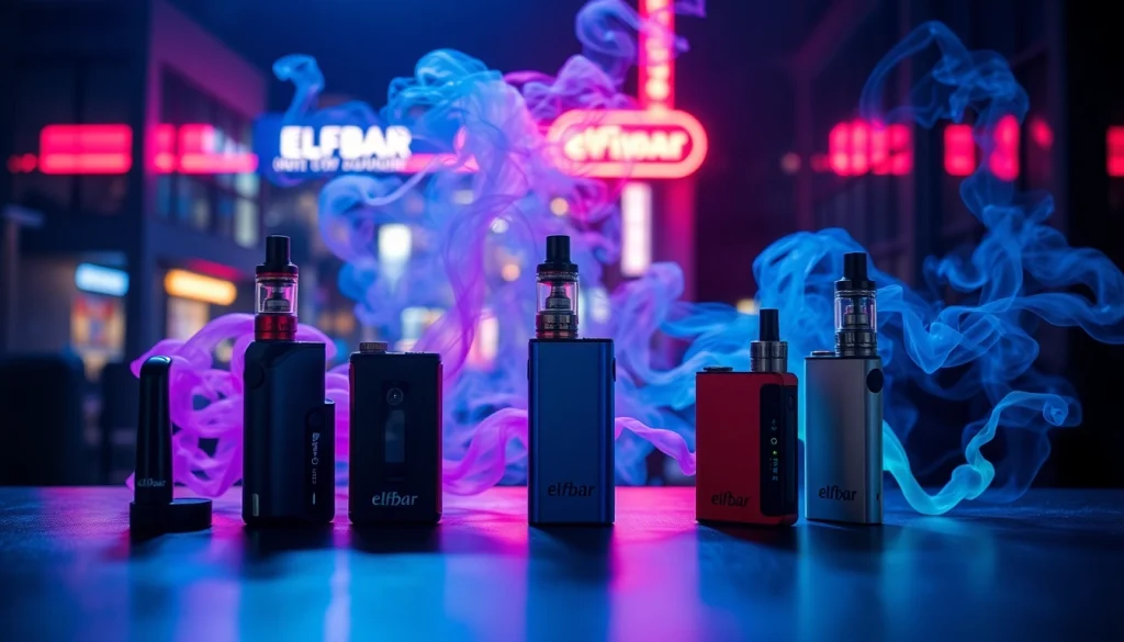Elfbar Vape Geräte elegant angeordnet mit buntem Rauch im Hintergrund