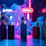 Elfbar Vape Geräte elegant angeordnet mit buntem Rauch im Hintergrund
