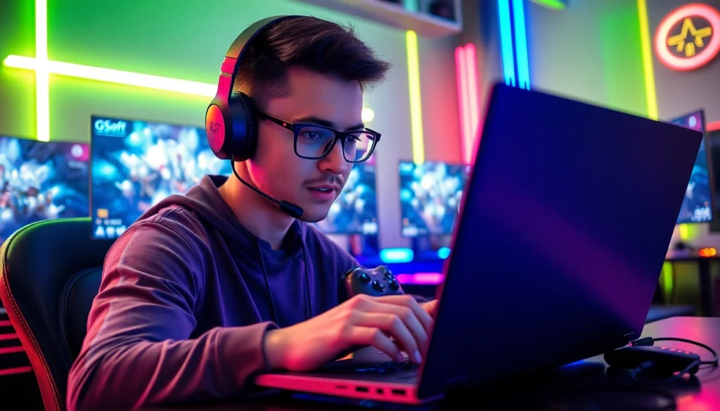 Jelajahi daftar ggsoft game sambil bermain di laptop gaming futuristik yang menyala.