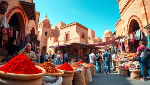 Immerse in morocco travel with a vibrant Moroccan marketplace showcasing spices and crafts.