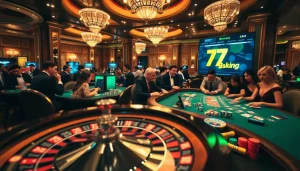 Experience the thrilling excitement of 79king casino gaming with players engaged at a poker table and roulette wheel.