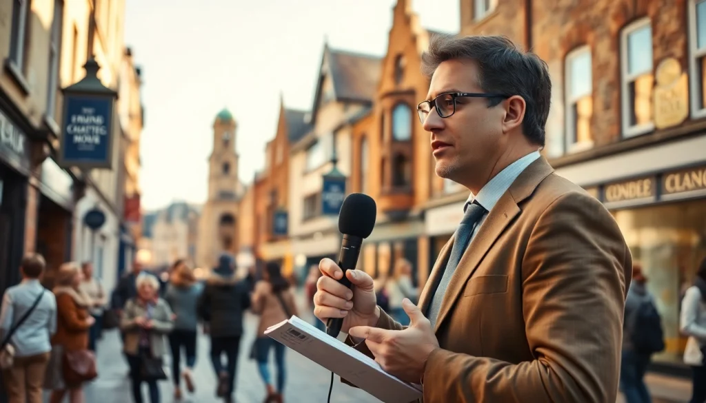 Engaging journalist reporting from Doncaster city streets in vibrant atmosphere, https://diknews.co.uk/doncaster-news/ representing local news.