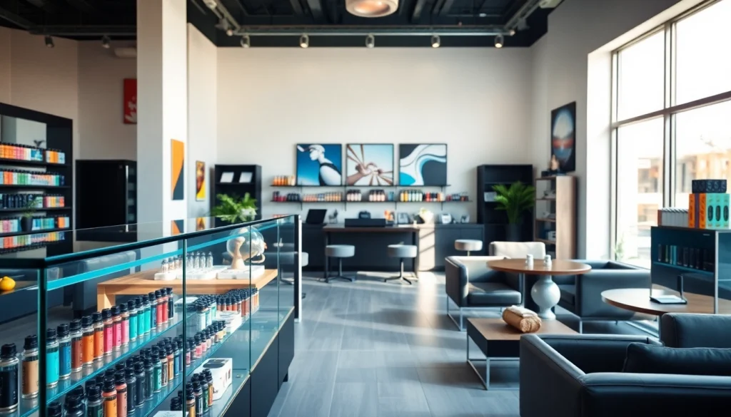 Vape shop with modern interior and vibrant e-liquids on display.