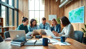 Team collaborating in a professional environment at https://www.elitetranslingo.com showcasing document sharing.