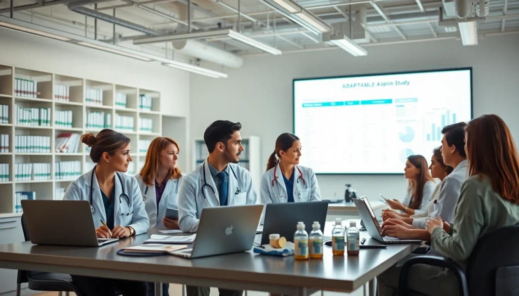 Researchers presenting findings from the ADAPTABLE Aspirin Study in a professional environment with engaging visuals.