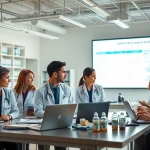 Researchers presenting findings from the ADAPTABLE Aspirin Study in a professional environment with engaging visuals.