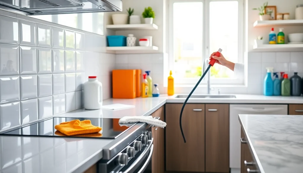Kitchen deep cleaning Dubai showcasing a professional cleaner ensuring a spotless kitchen environment.