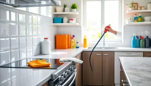 Kitchen deep cleaning Dubai showcasing a professional cleaner ensuring a spotless kitchen environment.