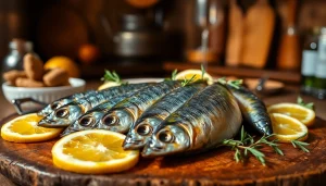 Degustando sardianas gourmet en una presentación elegante sobre un plato de madera.