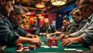 Menampilkan aksi seru dari Domino88 poker game dengan pemain terlibat dan suasana kasino yang hidup.