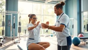 Engaged therapist demonstrating therapy techniques at Health in Motion Rehabilitation center.