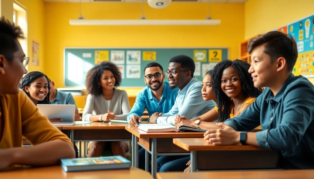 Education scene with engaged students collaborating in a professional classroom.