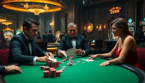 C168 poker showdown at a bustling casino table, showcasing players’ focus and excitement.