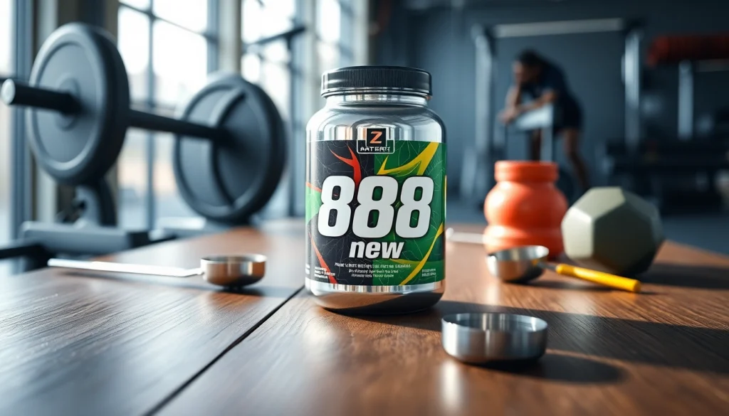 Presenting the 888 new fitness supplement in a dynamic setting with sleek design elements.