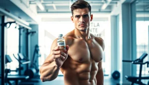 Buy HGH online with confidence, featuring a fit athlete in a bright gym.
