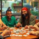 Players enjoying Rummy nabob as they strategize with colorful cards, creating a lively atmosphere.