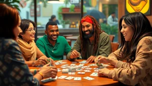 Players enjoying Rummy nabob as they strategize with colorful cards, creating a lively atmosphere.