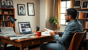 Journalist exploring articles on blackchronicle within a warm newsroom.