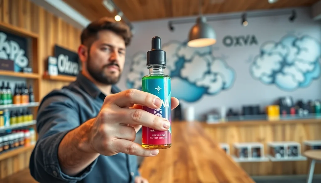 Vaper with Oxva Liquid in a stylish vape shop, showcasing a vibrant atmosphere.