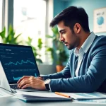 Analyze data to earn money on short links with focused professional at a bright desk.