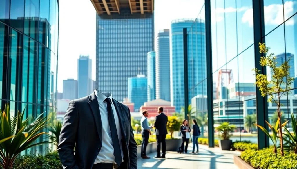 Engaging industrial leasing office showcasing modern architecture and client interaction.