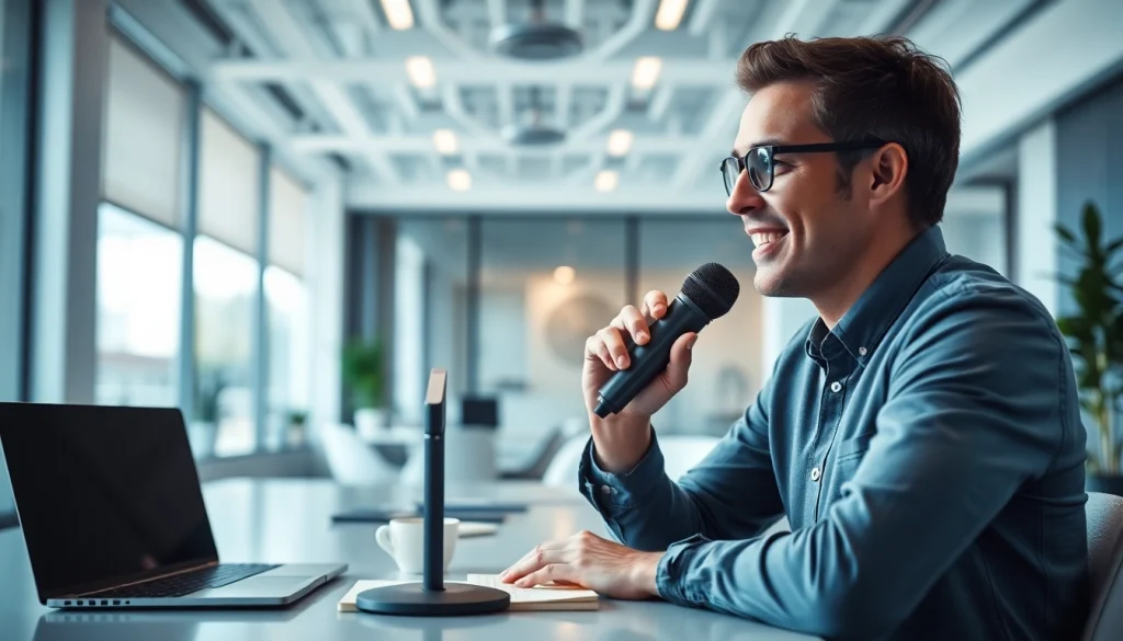 Engage with https://www.speechlyapp.com through a professional voice recognition interface in a modern office.