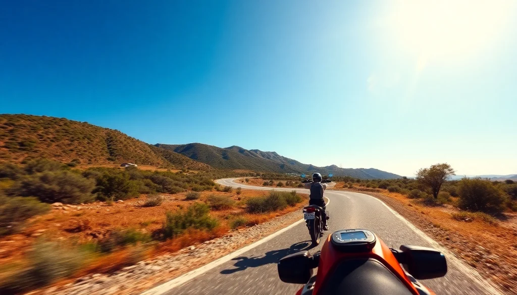 Découvrez motopaco avec un équipement de moto performant sur une route pittoresque.