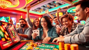 Experience the thrill of gaming at https://rusia777.com with vibrant scenes of players celebrating their wins.