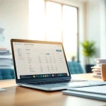 Streamlined interface of invoice processing software displayed on a laptop in a bright office setting.