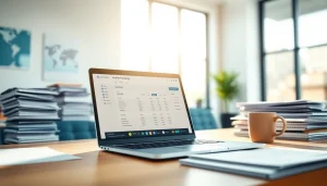 Streamlined interface of invoice processing software displayed on a laptop in a bright office setting.