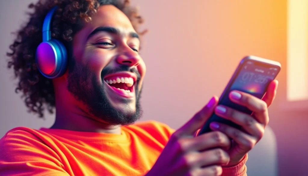 Experience the joy of MP3 download with a person happily using a smartphone.