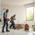 Skilled bathroom builders demonstrating craftsmanship in a contemporary bathroom setting