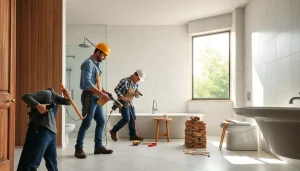 Skilled bathroom builders demonstrating craftsmanship in a contemporary bathroom setting