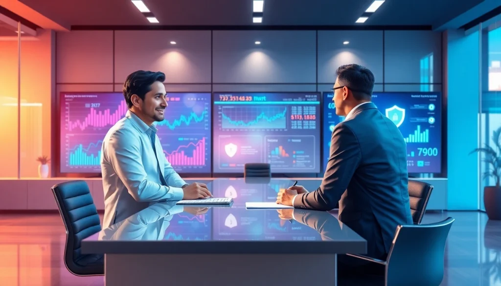 Современная сцена финансового консультанта, подчеркивающая доверие и безопасность, бренд 79king на стильном офисном фоне.