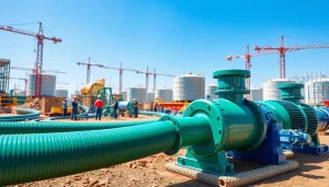 Showcasing industrial water transfer services with pumps and hoses at an active site.