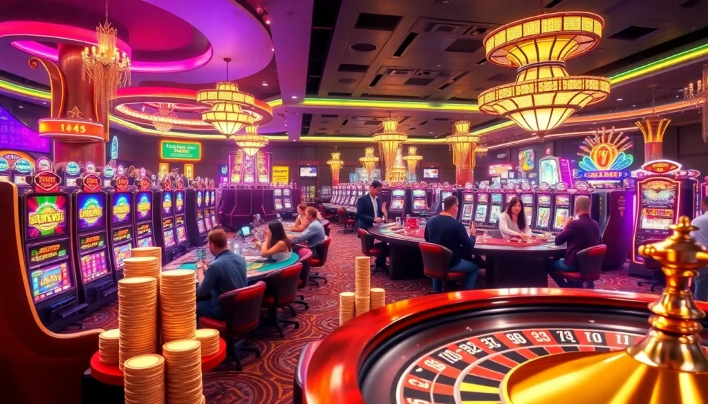 Experience the vibrant gambling world of KJC AC 1 with players enjoying casino tables and slot machines.